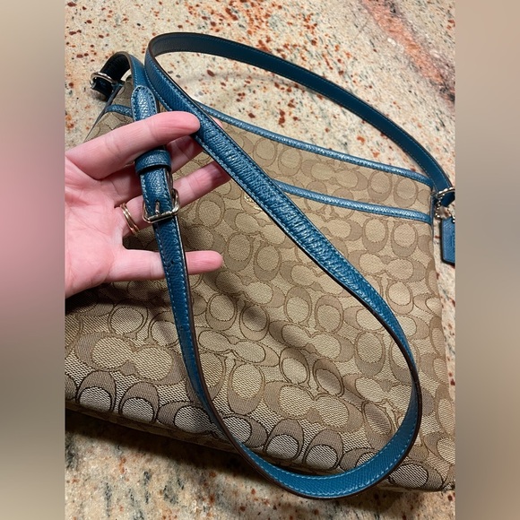 Coach New York Signature Canvas/Leather File Bag Crossbody Brown/Beige/Teal - Picture 6 of 16